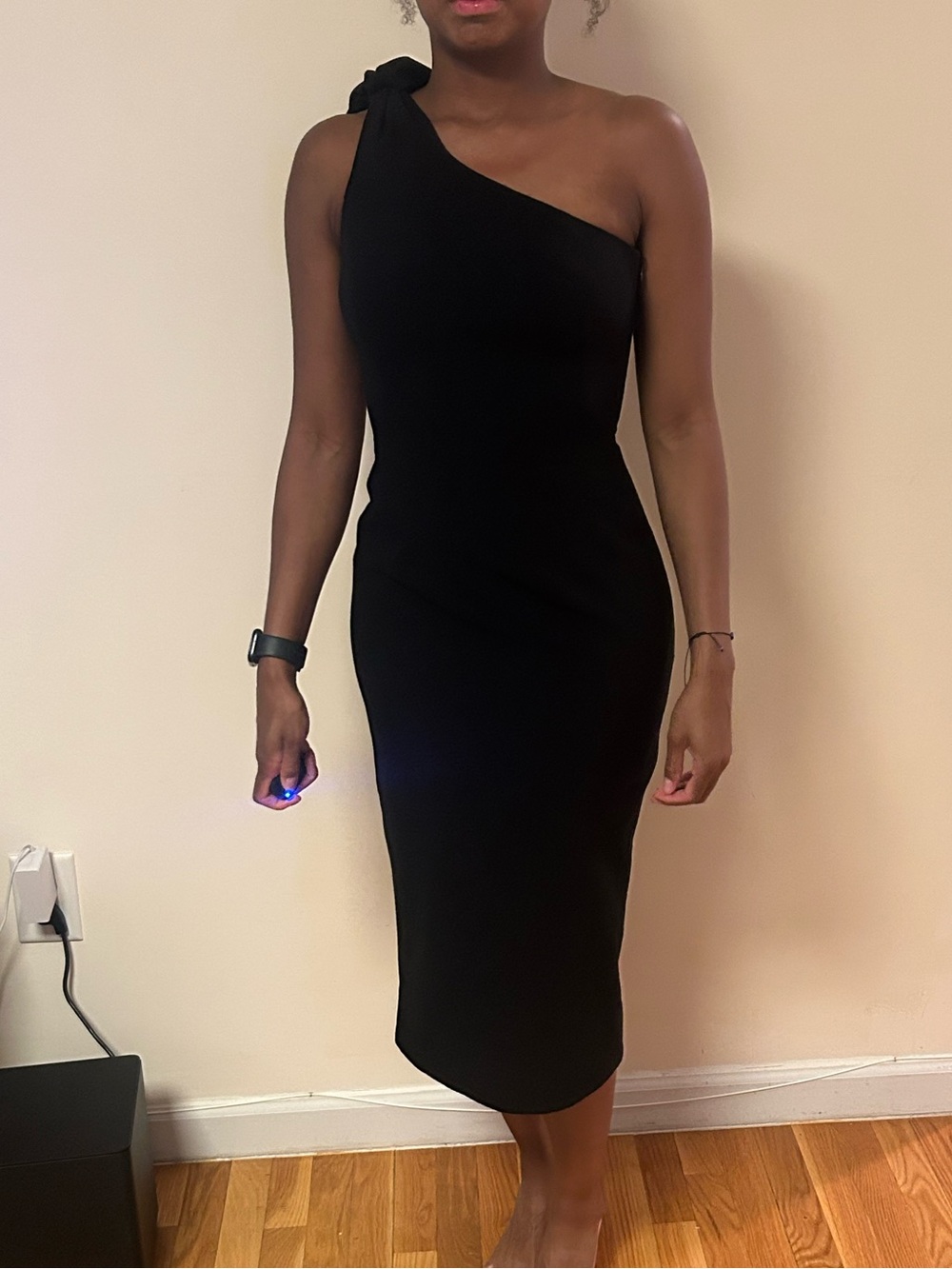 Dress the Population Black One-Shoulder Midi Dress with Shoulder Tie